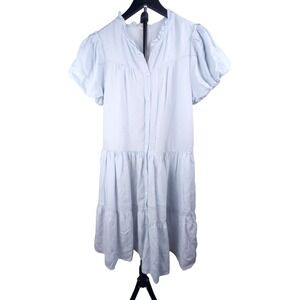 Puff Sleeve Blue Knee Length Tiered Shirt Dress Pockets Tencel Med Cottagecore